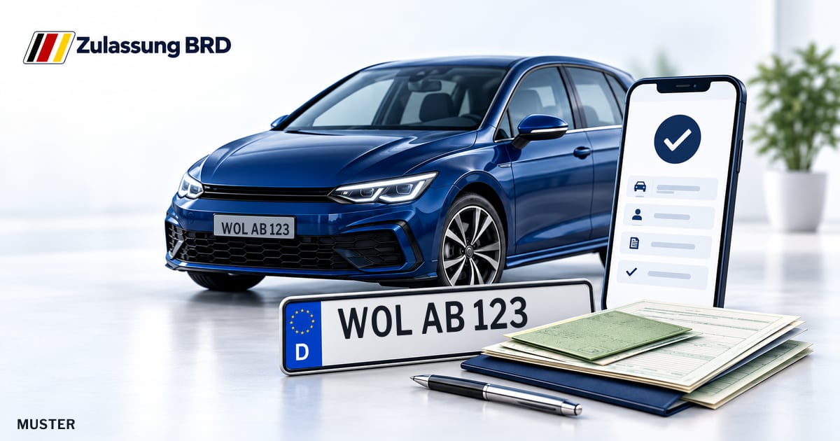 Online Fahrzeugzulassung in Wolfach: Musterkennzeichen WOL AB 123, Auto und Fahrzeugpapiere und Smartphone. Illustration mit Logo von Zulassung BRD.